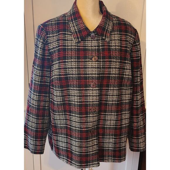 Sag Harbor Women's Tweed Plaid Red Black White Shacket Blazer - Picture 1 of 5